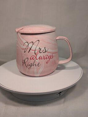 Hand Painted ? Pink Marble “Mrs Always Right” Ceramic Tea /Coffee Mug With Lid